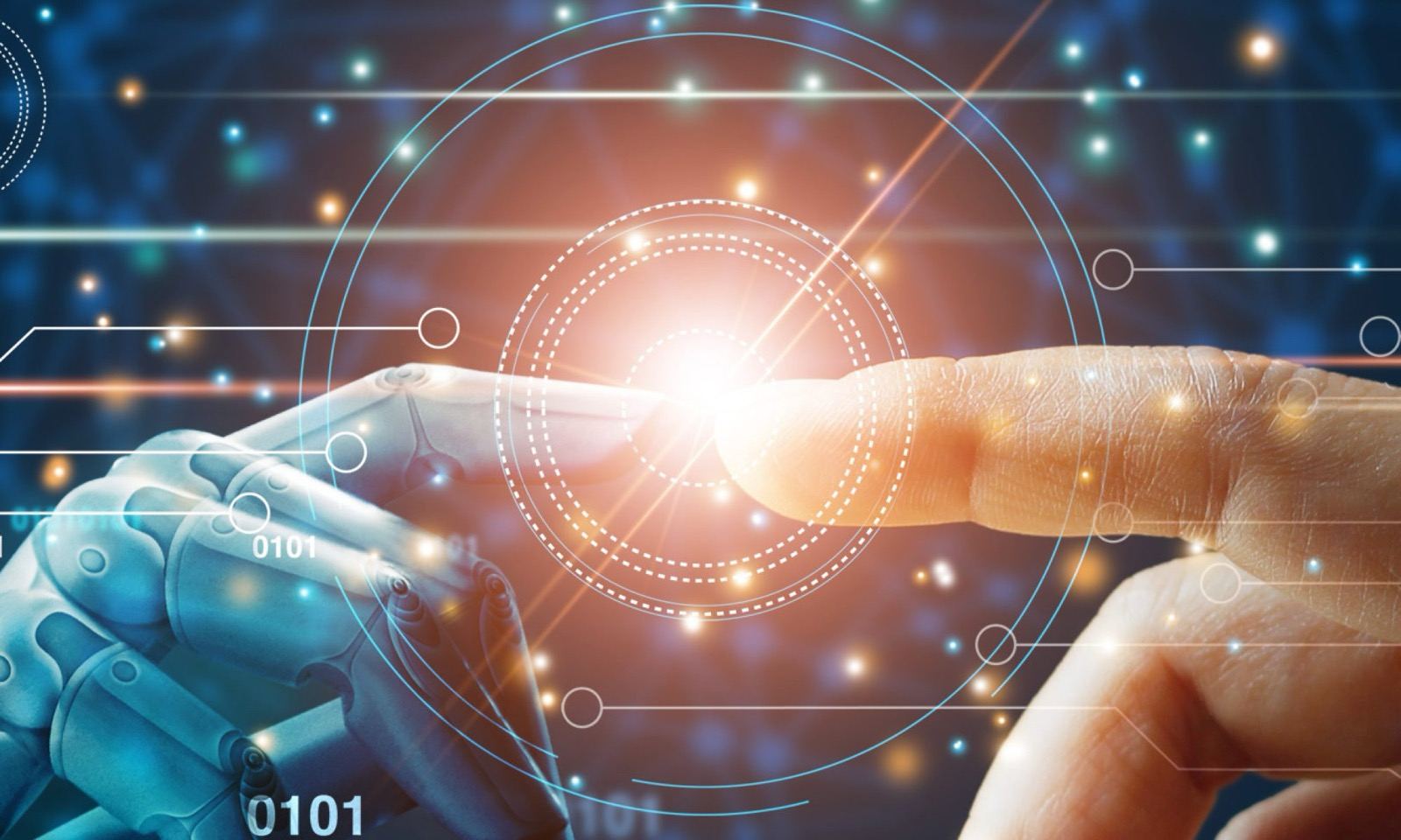 A human hand and a robotic hand reaching toward each other, representing insight meeting action